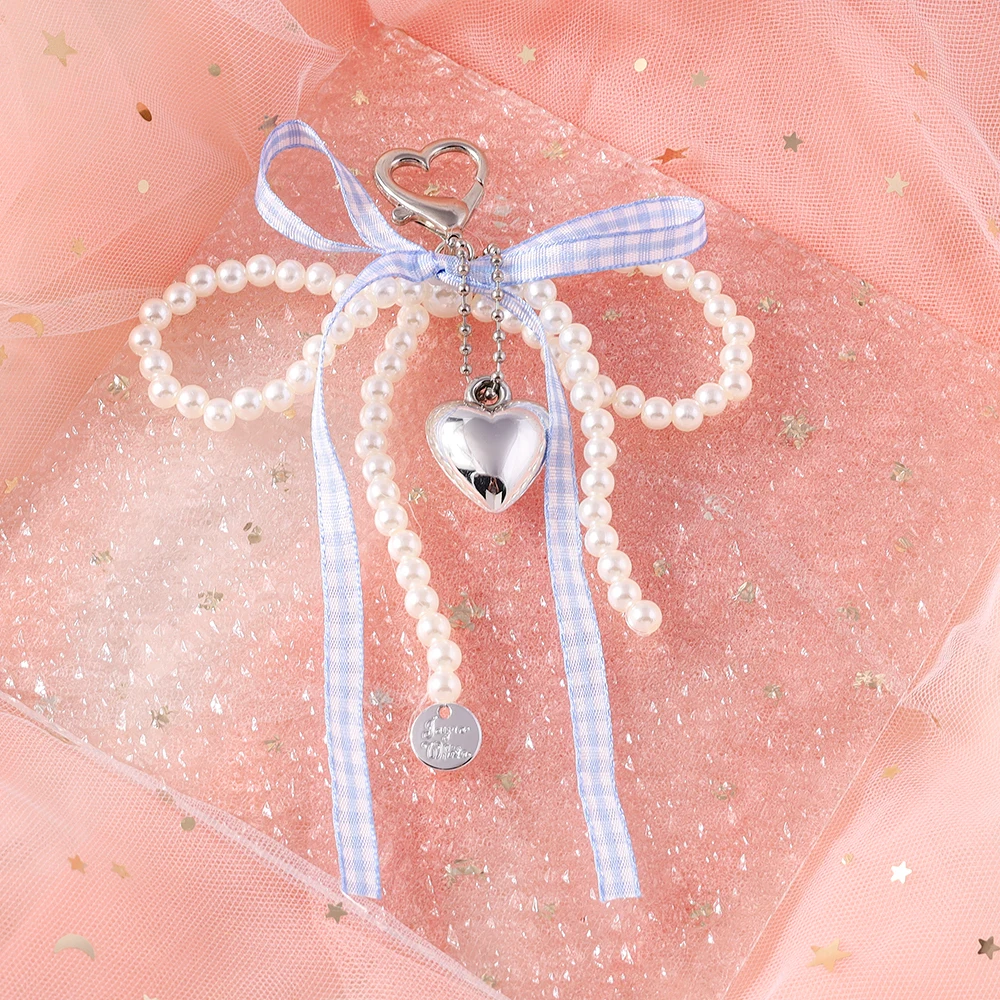 Aihua Y2K Gitterband-Schleife Perlen-Schlüsselanhänger Herz-Charm Schlüsselanhänger Taschenanhänger Eleganter Schmuck Geschenke – Detail 4