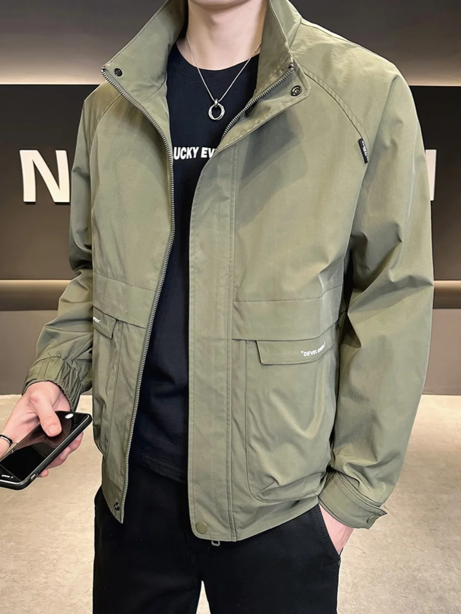 

Повседневная мужская куртка с воротником на весну-осень, модная, универсальная, ветрозащитная, молодежная, для активного отдыха, рабочая одежда, приталенный крой, с множеством карманов
