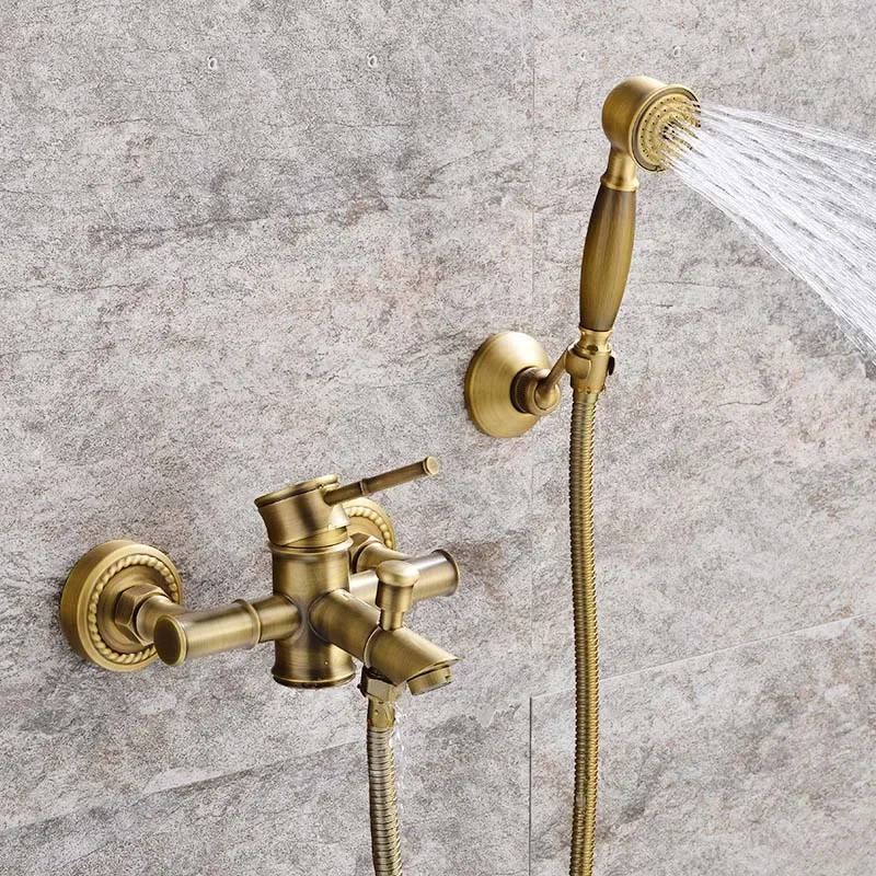 Antique Bathroom Shower Faucet Hot and Cold Bathtub Mixer Crane Tap Wall Mount Brass Material bamboo bath set