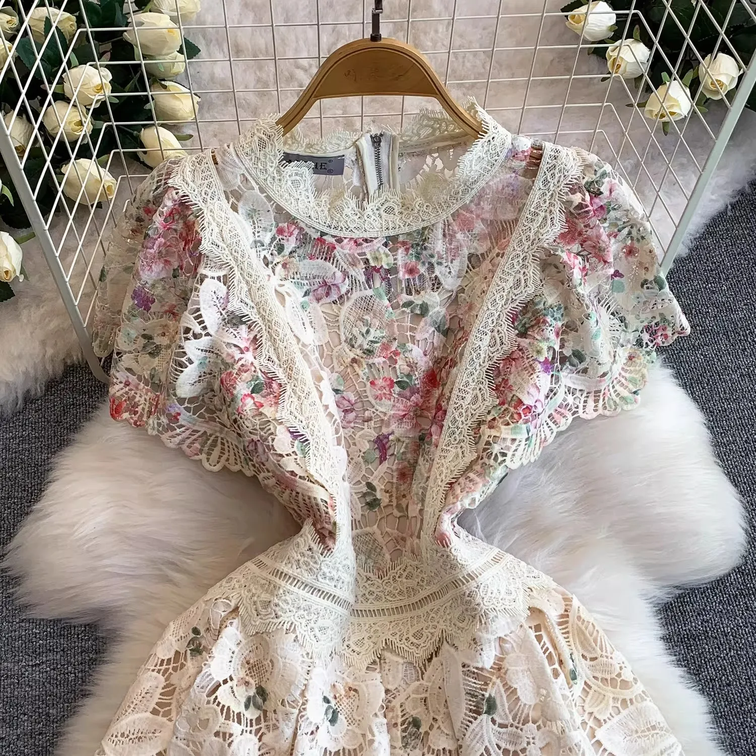 Elegant Lace Embroidery Hollow - French Vintage Floral Midi Dress review and price
