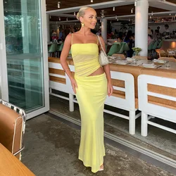 Yellow Holidays Skirts Sets for Women Sexy Mesh Ruched Tops and Maxi Skirts Two Piece Sets Summer Fashion Party Suits 2024