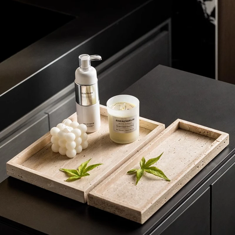 

Luxury Travertine Bathroom Tray Hotel Vanity Countertop Organizer Natural Stone Makeup Perfume Display Tray for Spa Resorts