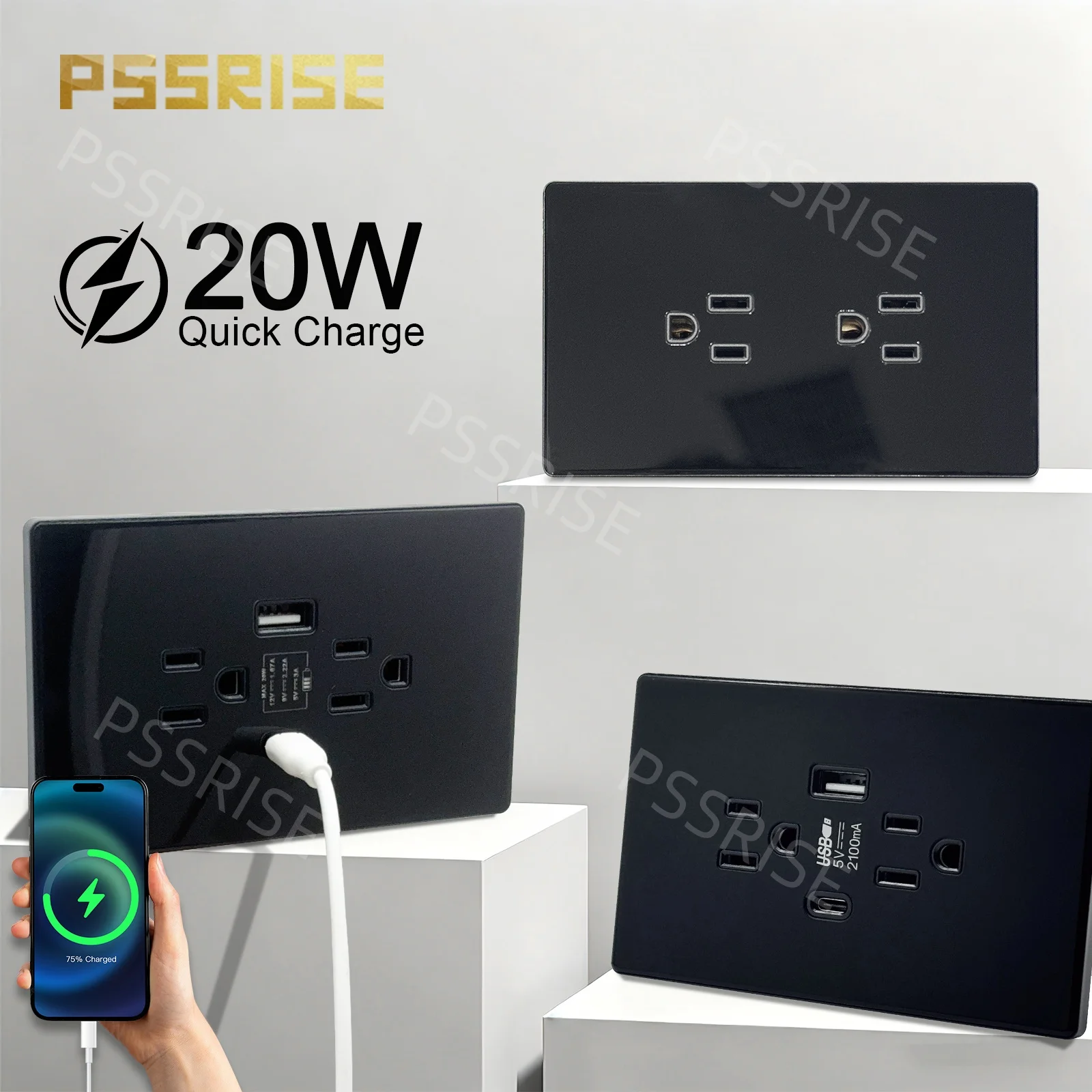 

PSSRISE US Mexico Thai Standard wall socket Usb Type C 20W 5V 2.1A Fast Charge outlet home appliance Tempered glass Panel Black