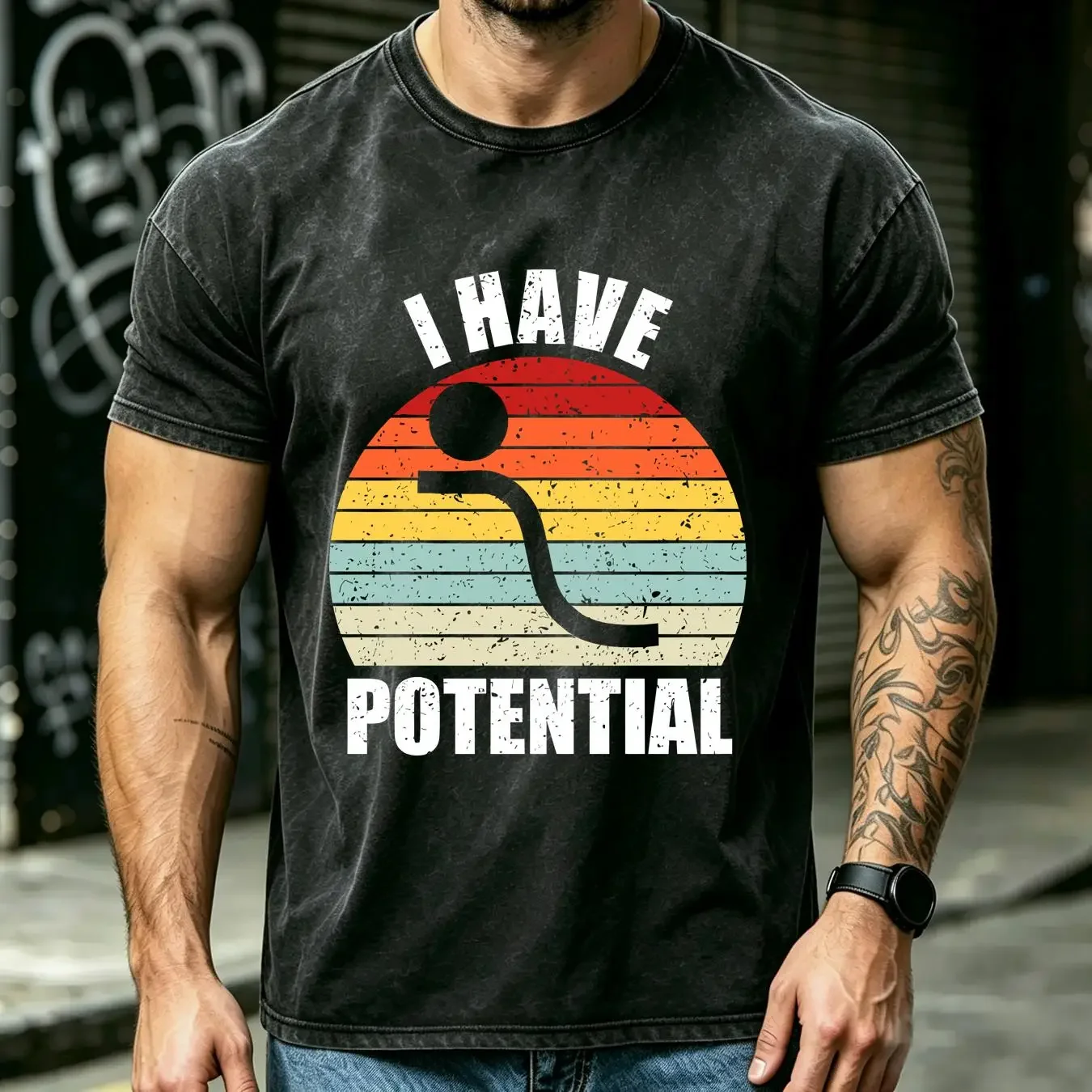 washed T Shirt I Have Potential Energy Funny Physics Teacher Vintage Retro Men's Cotton vintage Washed Breathable Stylish