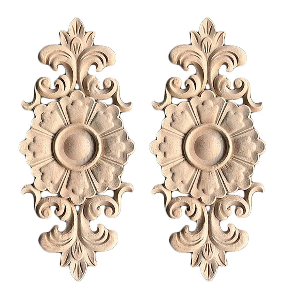 2Pcs European Floral Wood Carved Applique Wooden Decal Architectural Furniture Cabinet Door Frame Wall Home Decor Accessories