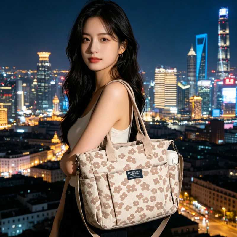 

Floral Print Canvas Tote Bag Multi Pocket Design Detachable Wide,Crossbody Bags Large Capacity Casual Handbag for Daily Commute