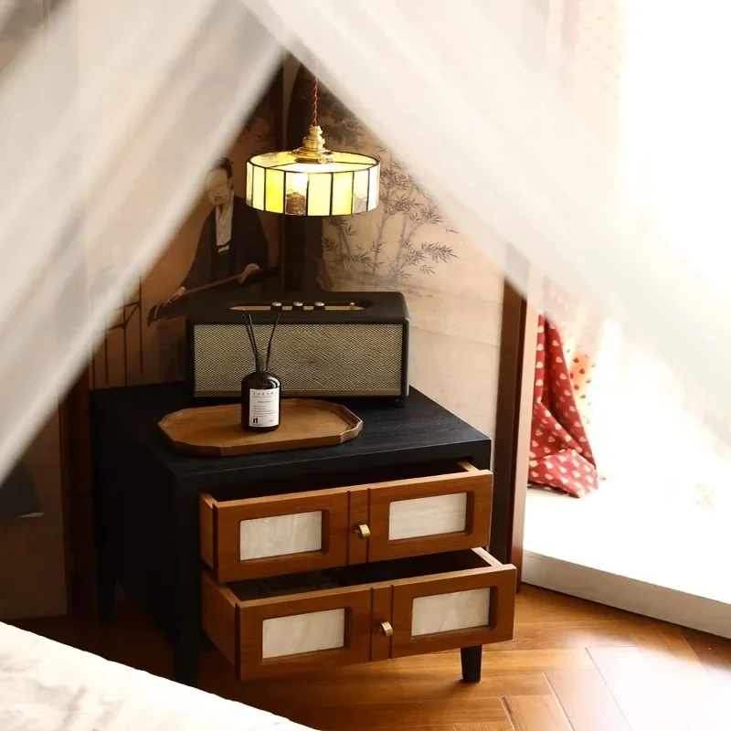 

French retro black bedside table contrasting color simple side cabinet Nanyang style Chinese style solid wood
