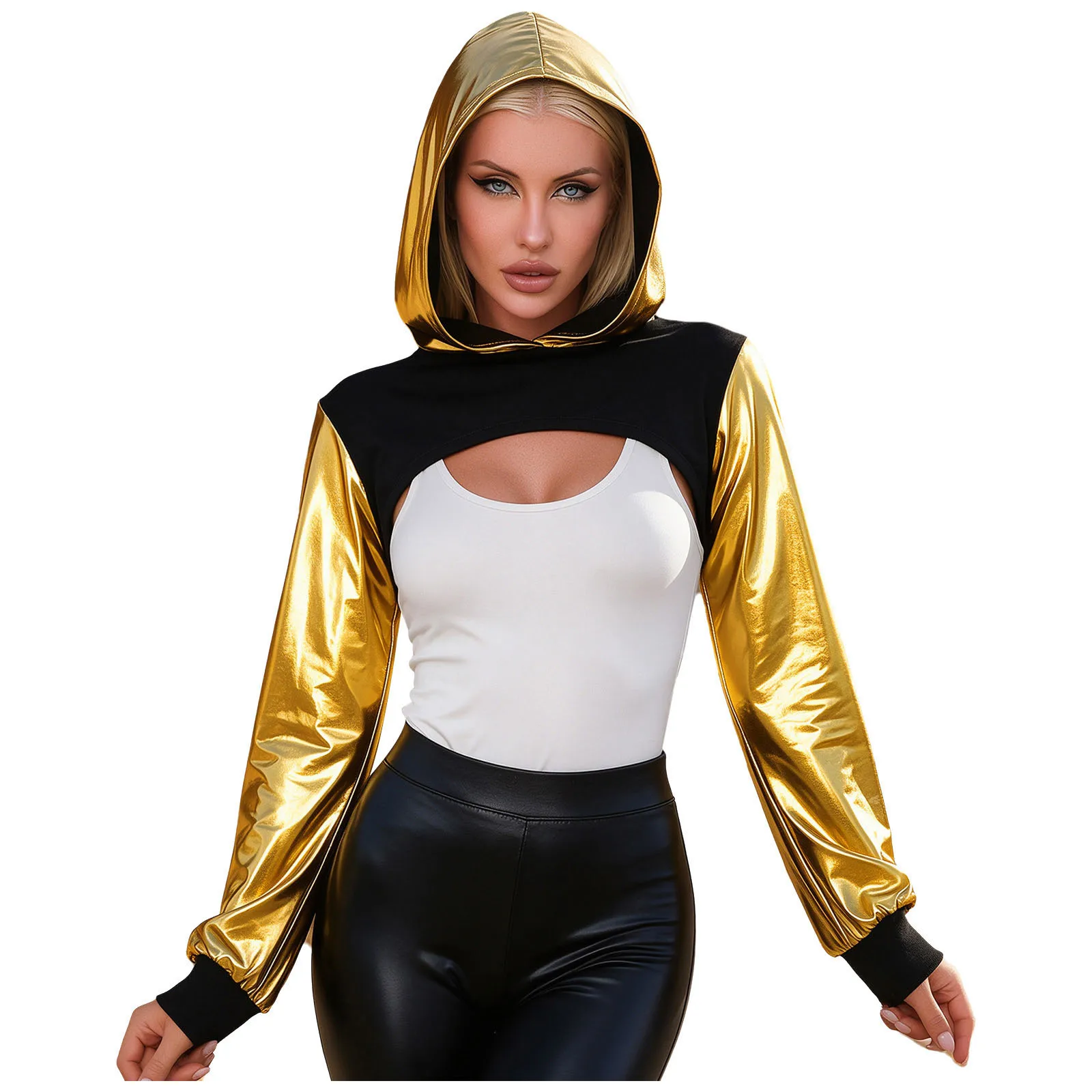 Womens Metallic Cropped Hoodie Top Long Sleeve Asymmetrical Hem Color-blocked Crop Tops for Disco Rave Party Club Music Festival