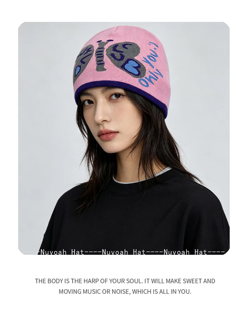 Neue Damen Koreanische Retro-Jacquard-Mützen mit Schmetterlingsmuster, Warme Vielseitige Persönliche Beanies, Farbblock-Design, Modisch und Lässig – Detail 6