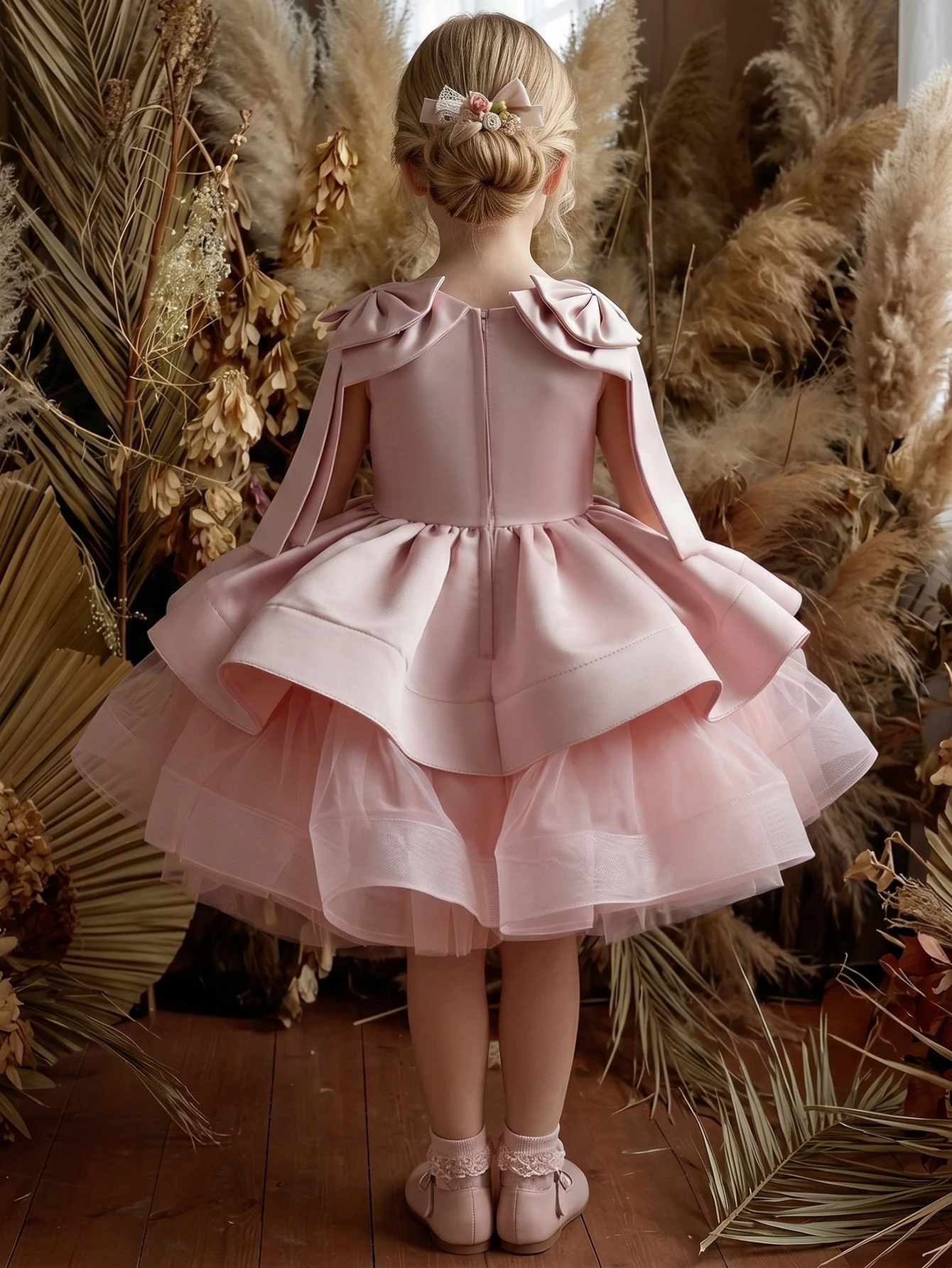 Young Girl Pink Satin with Bow Decorations, Princess-Style Net Fabric, Knee-Length, Children's Wedding Party Evening Dress Event