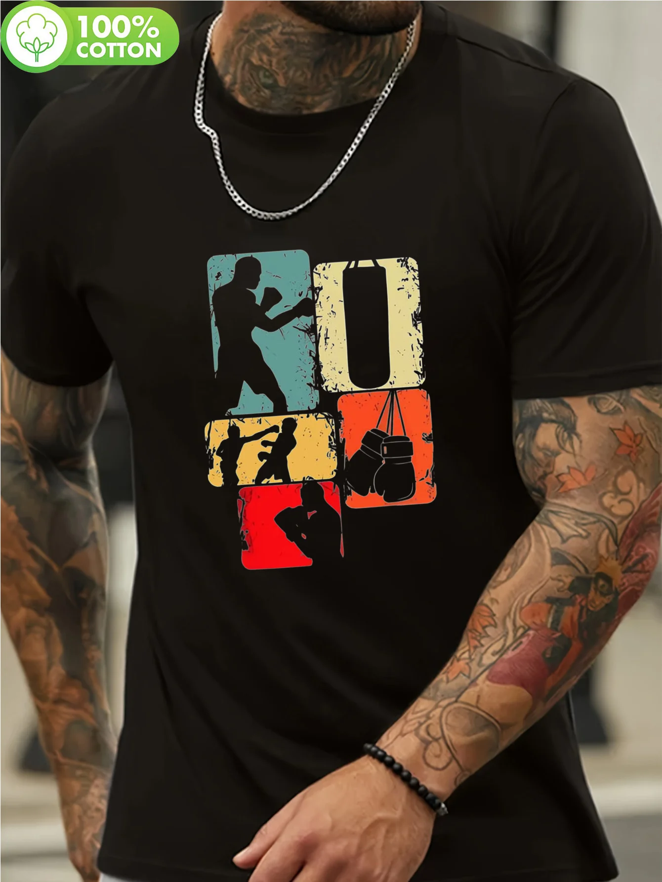 Men's Vintage Boxing T-Shirt with Boxer Silhouettes - Breathable Regular Fit Gym Shirt Suitable for Training, Casual Wear & Outdoor Activities - Machine Washable All-Season Top with Retro Boxing - Medium Elasticity Fabric