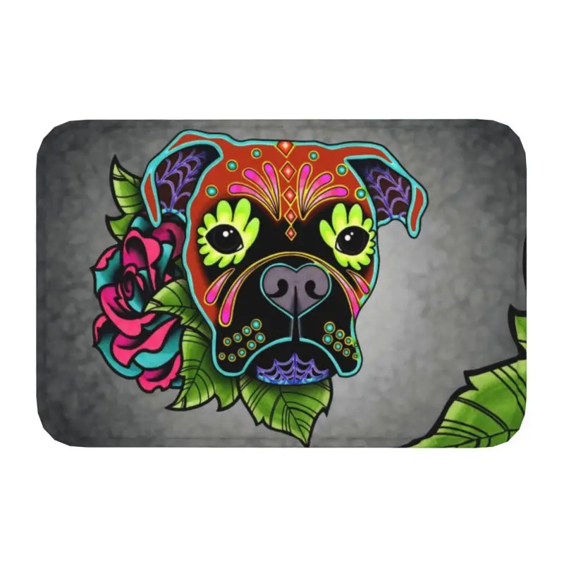 Day Of The Dead Boxer Doormat Mat Anti-Slip Sugar Skull Dog Bathroom Kitchen Living Room Entrance Garden Rug Carpet 40*60cm