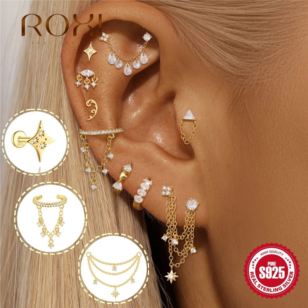 ROXI 1Pc 925 Sterling Silver Star/Flower WaterDrop  Chain Tassel For Women Ins Dainty Flat Head Puncture Ear Bone Nail