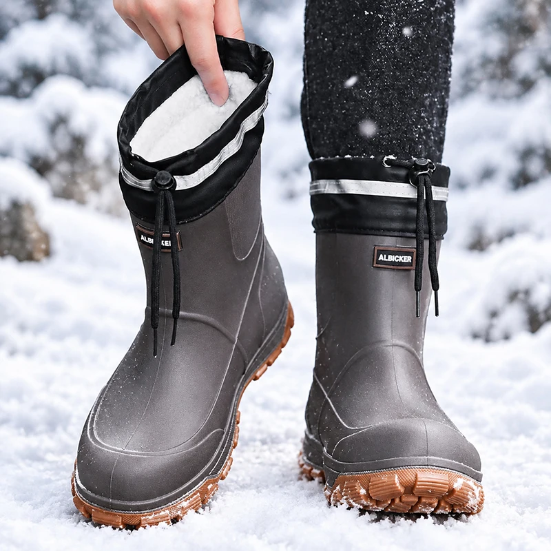 Men's Mid-Calf Work Boots Outdoor Fishing Non-Slip Rain Boots Kitchen Waterproof Rubber Shoes Wear-Resistant Water Shoes