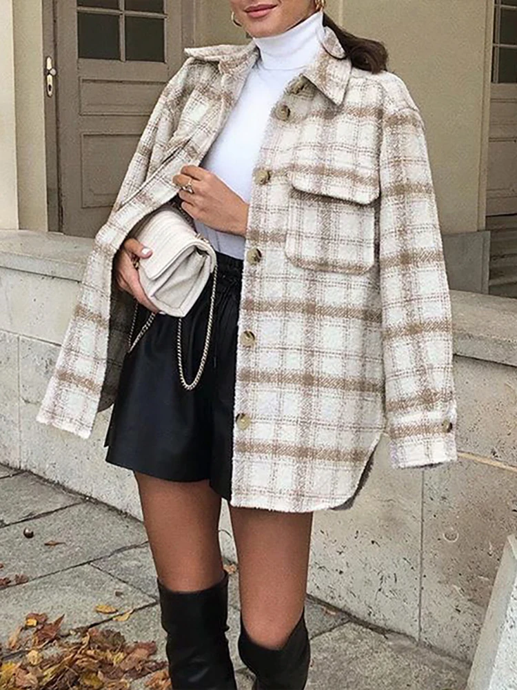 Vintage Women Tweed Plaid Jacket 2023 Fashion Ladies Elegant Loose Jackets Streetwear Girls Oversize Outwear