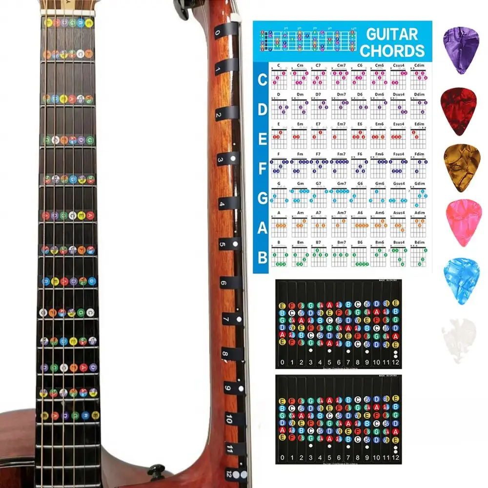 Color Coded Guitar Chord Poster Printed Vinyl Paper Coated Paper Chord Fingering Diagram Detachable 6 Guitar Picks