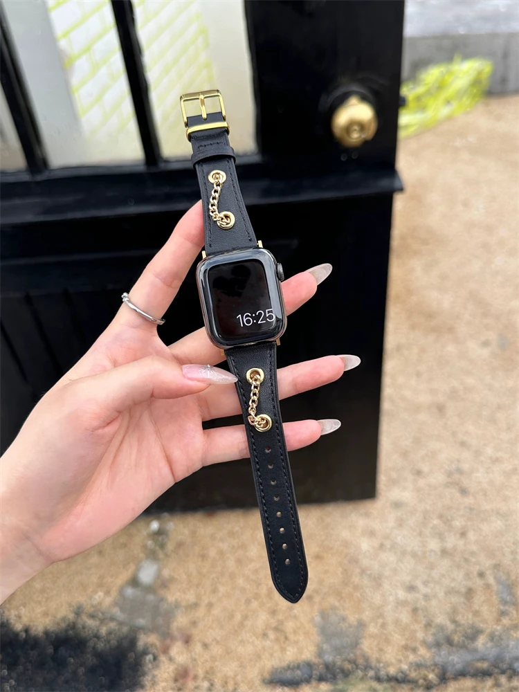 Vintage Metal Chain Genuine Leather Strap For iWatch Series 8 7 6 5 4 SE Autumn Winter Band For Apple Watch 41mm 40mm 45 44 49mm