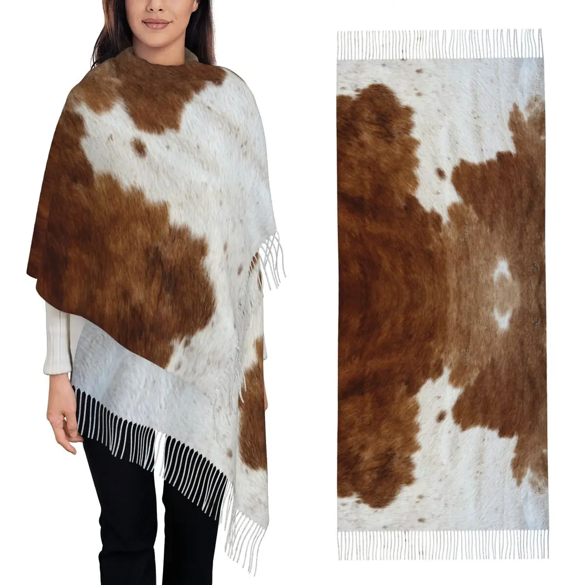 أنيق البقرة الفراء جلد البقر الملمس جلد البقر طقطق وشاح شرابة الأوشحة للنساء شالات ويلتف كبير الخريف الشتاء شال التفاف