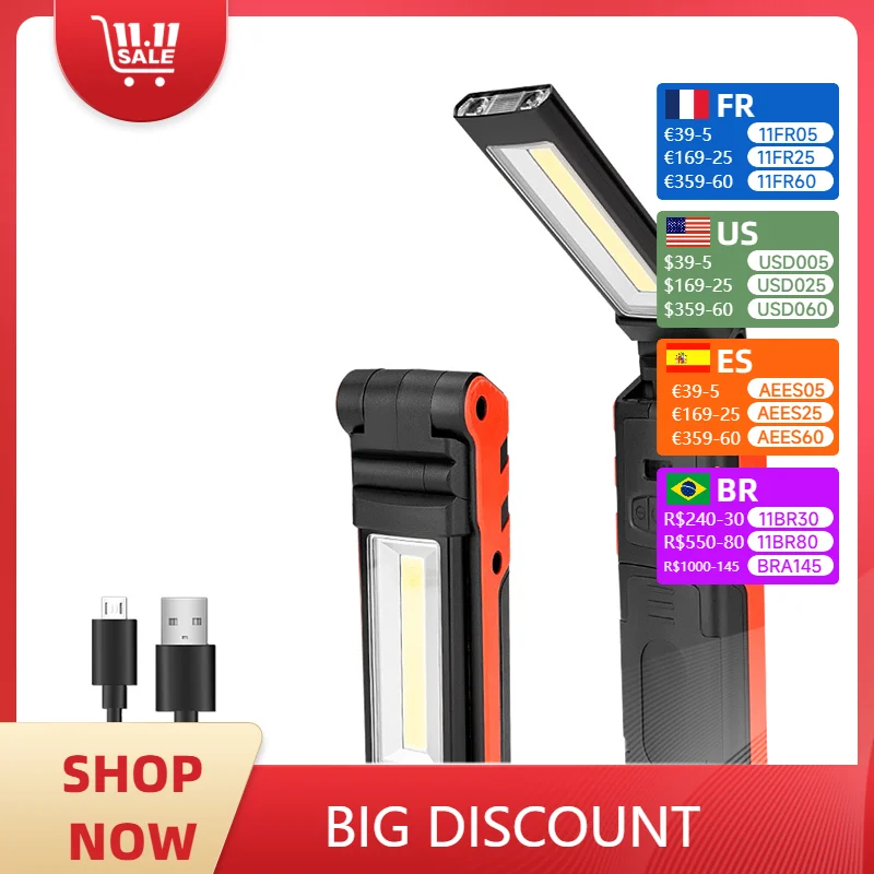 Dimmable COB LED Work Light USB Rechargeable Flashlight Inspection Lamp with Magnetic &Hook Power Bank 2300mAh 18650 Battery