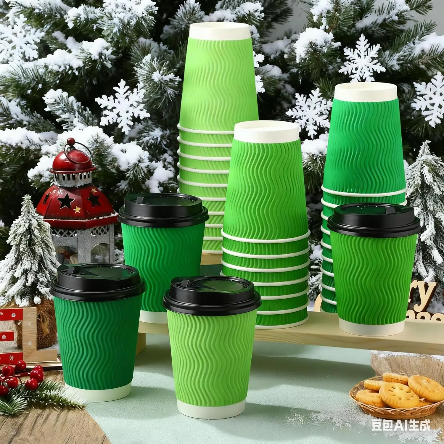 

100 Pack Disposable Coffee Cups with Lid 12oz Spring Coffee Cups Bulk Green Gradient Ripple Insulated Corrugated Wall Mu