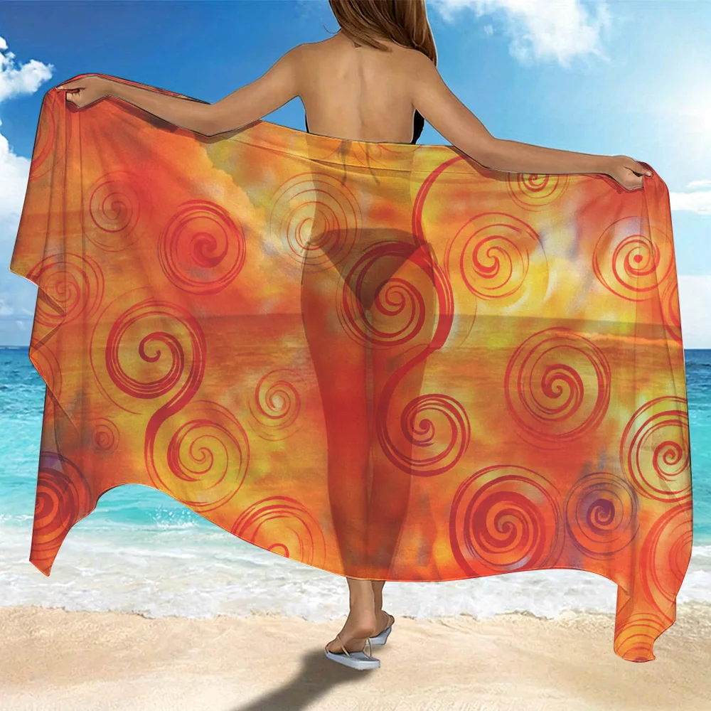 1 PC Beach Skirt, Beach Towel, Beach Shawl. Featuring a Vibrant, Abstract Spiral Orange Pattern. Translucent Material, Perfect