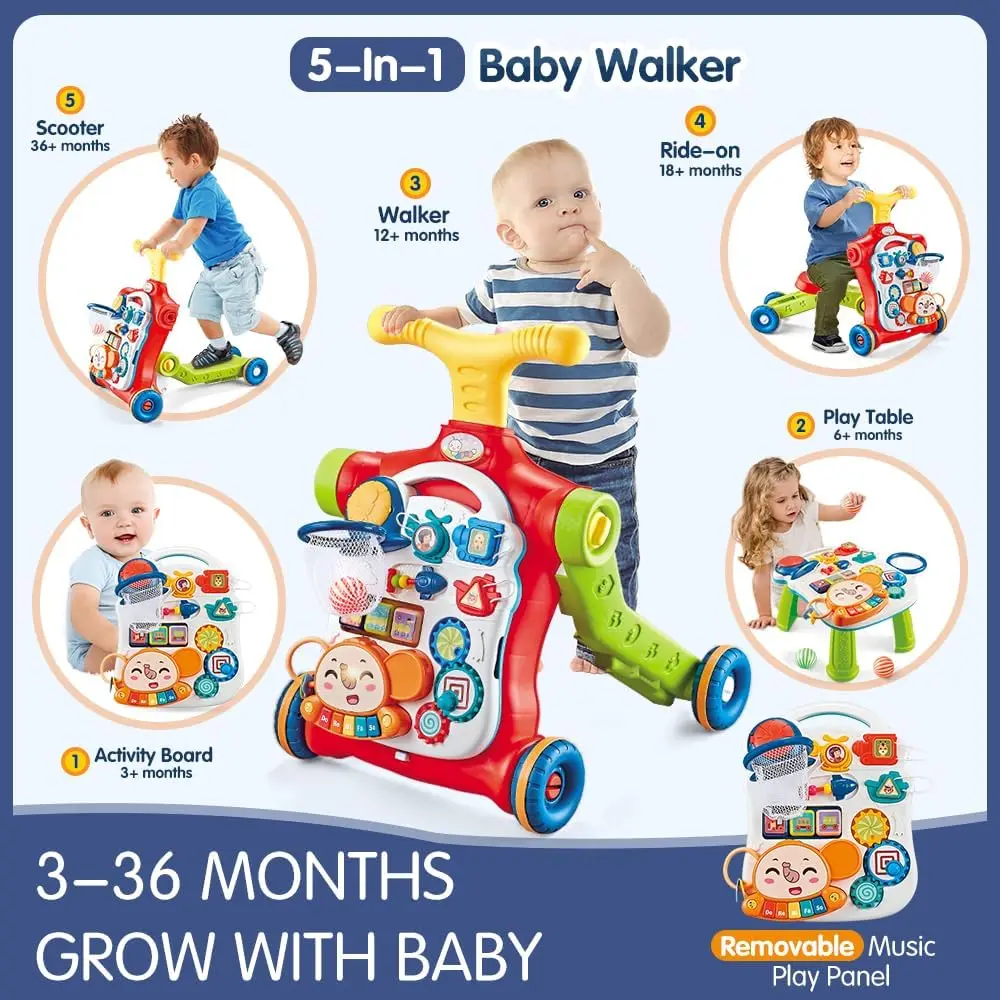 VATOS-Baby Walker com música, Sit-to-Stand, Scooter, bicicleta de equilíbrio, Push Walker Table, brinquedos para crianças, crianças infantis, 5 em 1