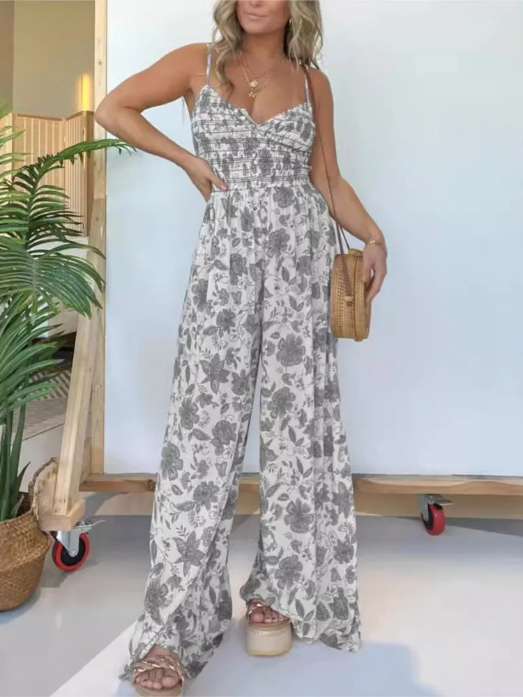 Verano Boho estampado Floral camisola mono pantalones de pierna ancha elegantes monos sexis 2025 Casual vacaciones playa mono Mujer