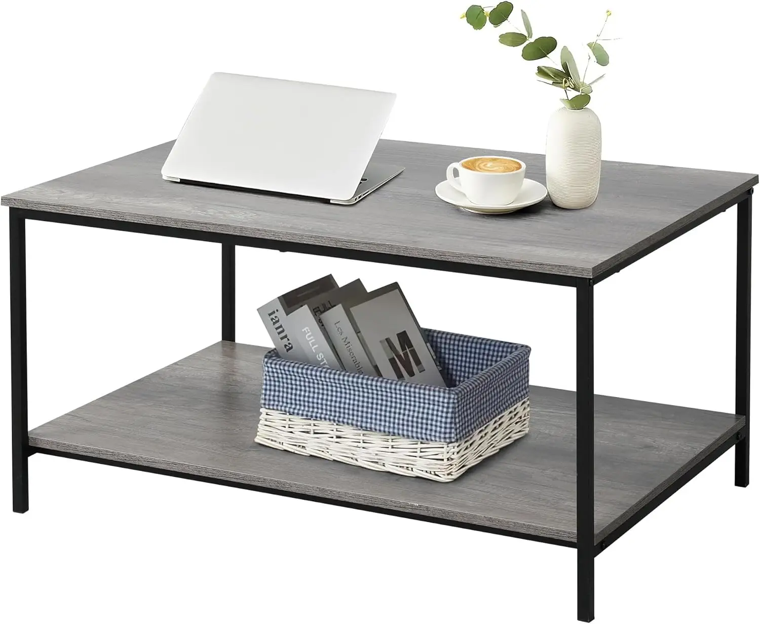 

2-Tier Coffee Table with Storage Shelf for Small Living Spaces, Grey Oak Rectangle Wood and Sturdy Metal Side End Table, Stable