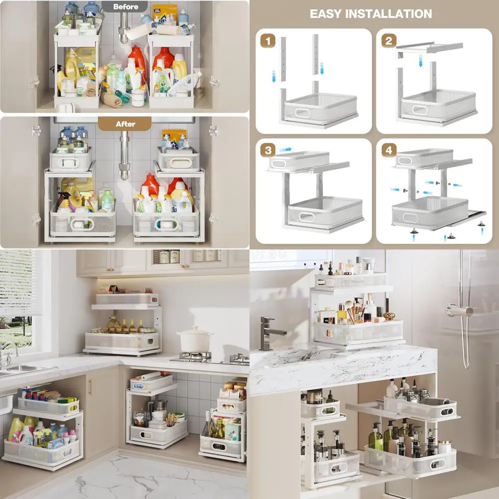 

Двухуровневый органайзер для раковины с регулируемой высотой и направляющими на шарикоподшипниках для устойчивого к ржавчине хранения на кухне и в ванной комнате