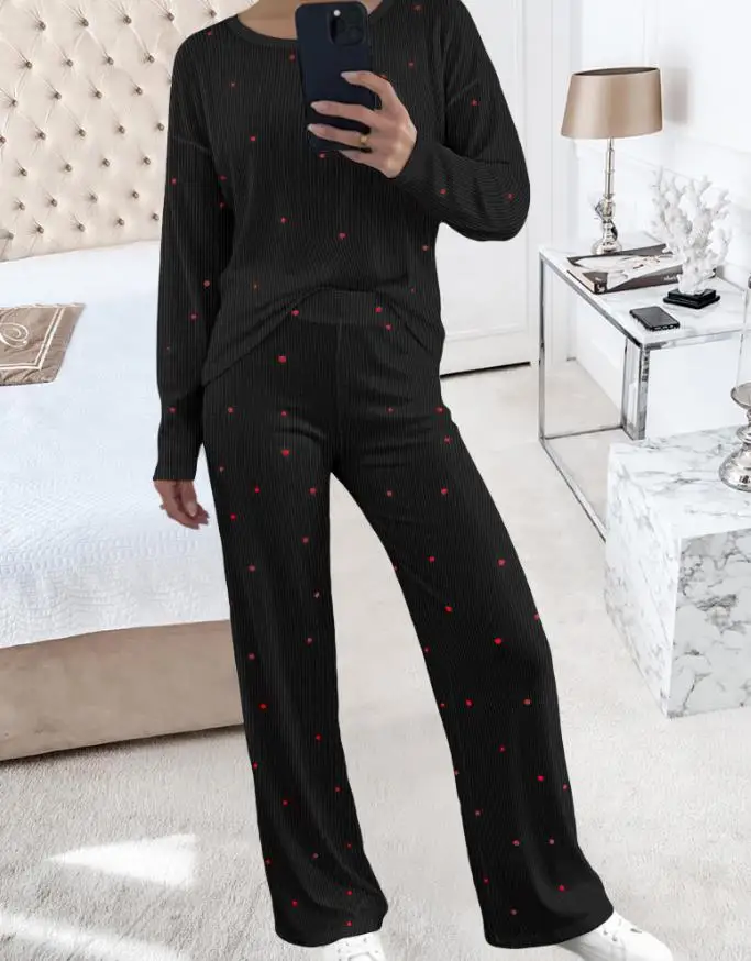 Damski komplet spodniowy, 2-częściowy zestaw piżamowy, popularny komplet z nadrukiem serc, koszula z długim rękawem i okrągłym dekoltem oraz luźne spodnie z szerokimi nogawkami, zestaw do noszenia w domu.