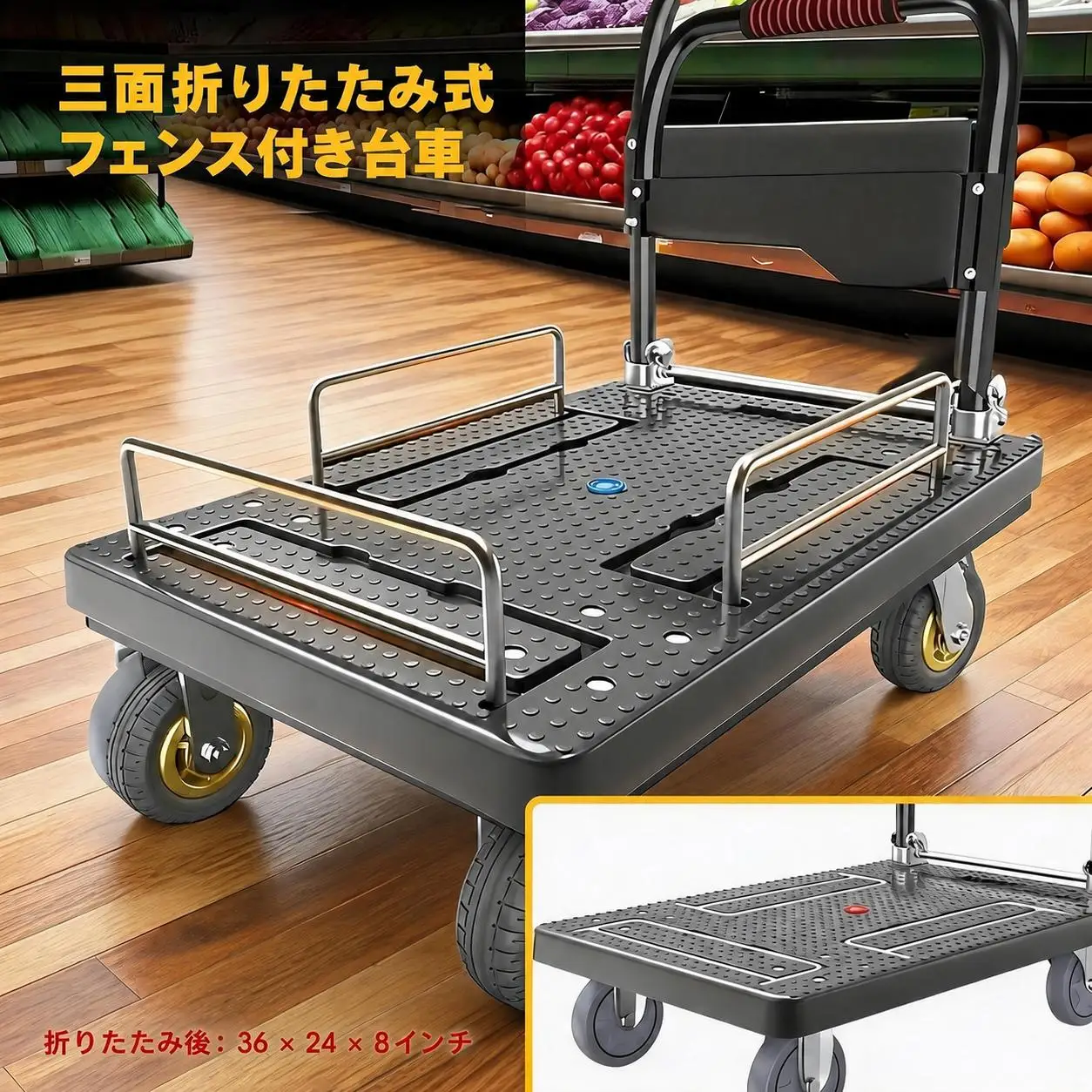 Heavy-Duty Folding-Rail Platform Truck Cart, 35.4 X 23.6 in Flatbed Trolley - Collapsible Steel Deck Dolly with Wheels for Warehouse, Garage & Moving