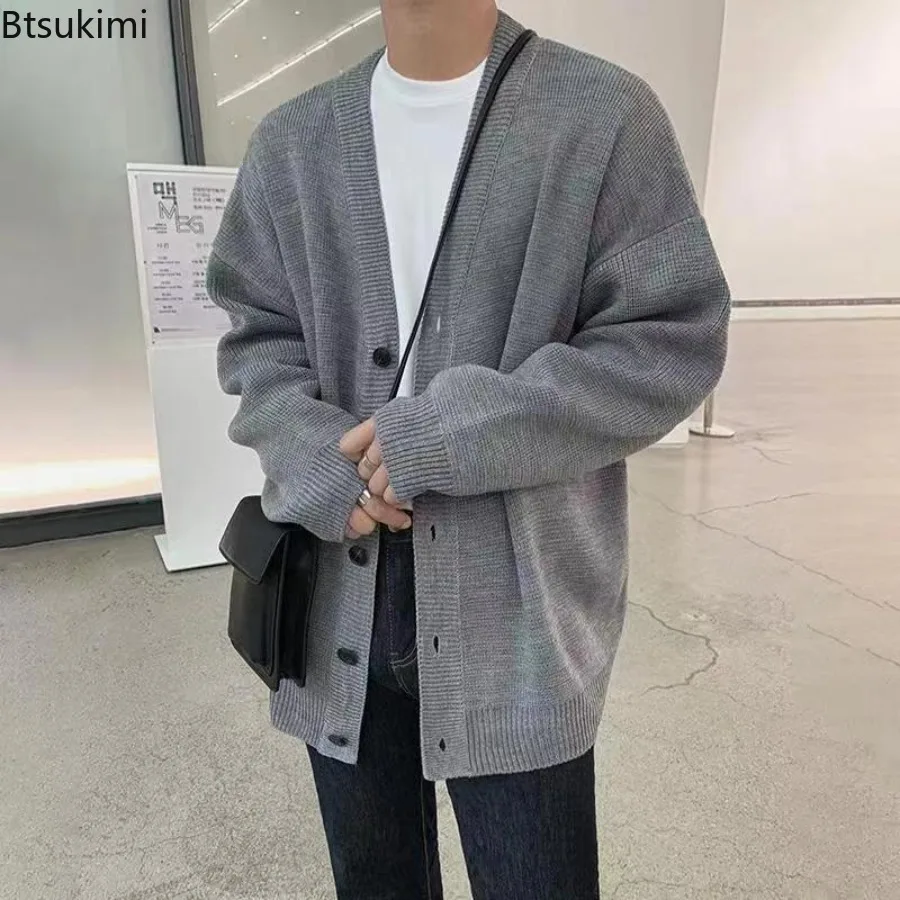 

Spring Autumn Men's Casual V-Neck Cardigan Sweaters Solid Color Long Sleeve Outerwear Single-breasted Male Loose Knitted Coats