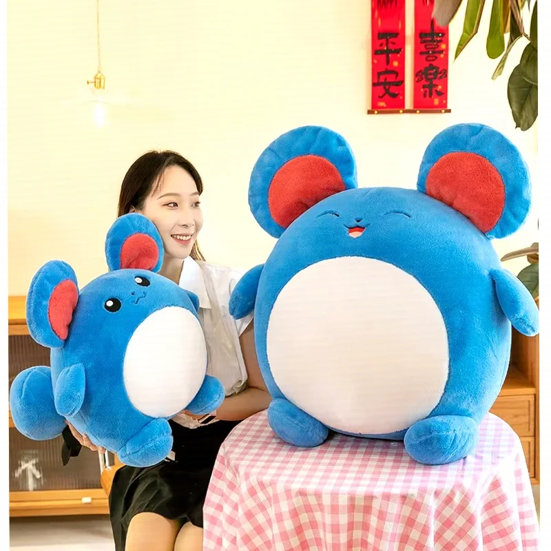 Cute Round Blue Mouse Plush Doll, Big Red Inner Ears Cartoon Rodent Stuffed Toy Two Sizes Soft Striped Belly Sofa Cushion Gift