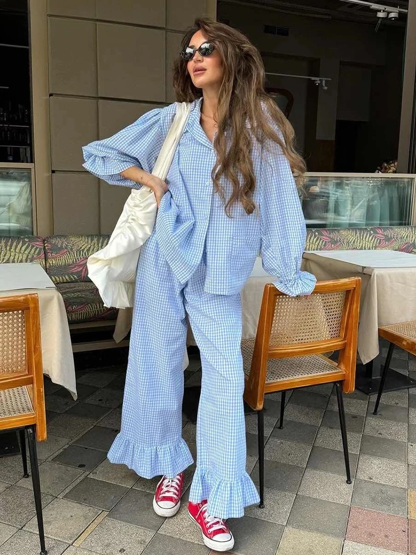 

Spring Woman Simple Versatile Comfortable Ruffle Long Sleeve Shirt Wide Leg Pants Set Women's Fashion Loose Plaid Two Piece Set