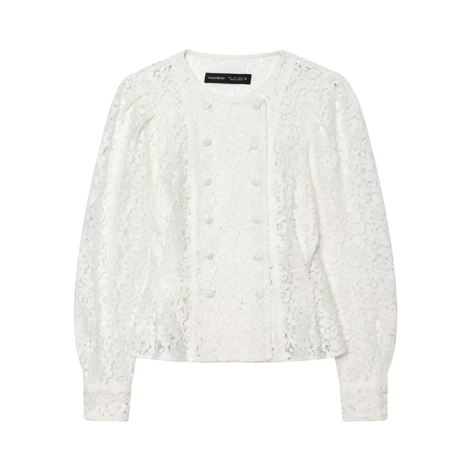 Women White Floral Lace Button Front Peplum Top Crew Neck Long Sleeve Slim Blouse Elegant Daily Street Casual Wear