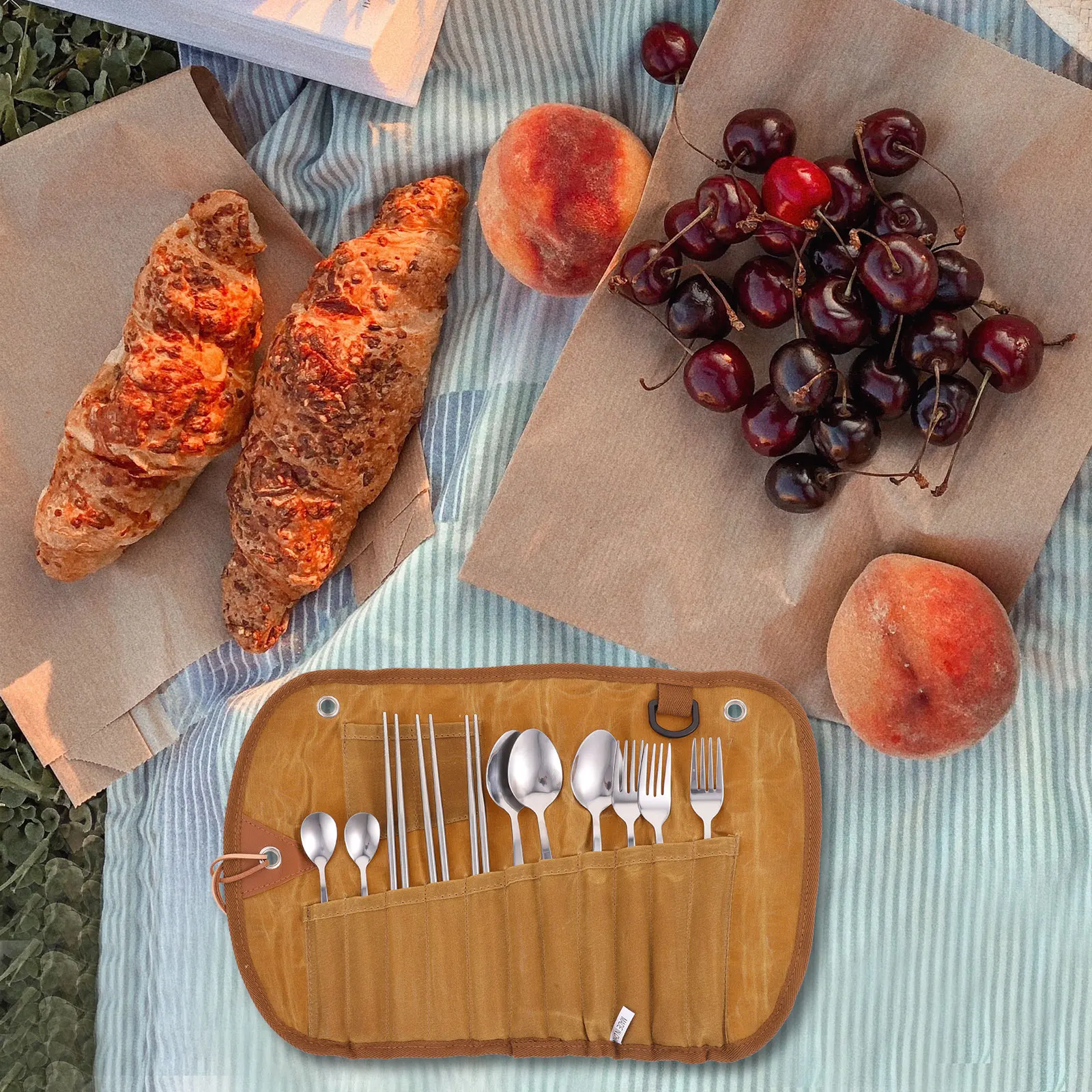 

Portable Cutlery Bag Camping Tableware Set Brown Picnic Travel Foldable Dining Utensils ganizer With Compartment