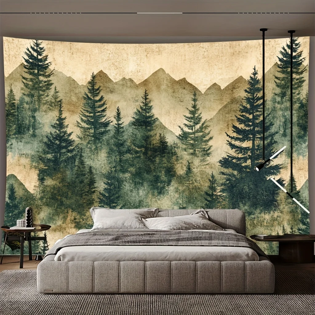 Nature-Themed Woodland Tapestry with Pine Trees & Mountain Views - Earthy Green Tones Rustic Polyester Fabric Backdrop for Livin