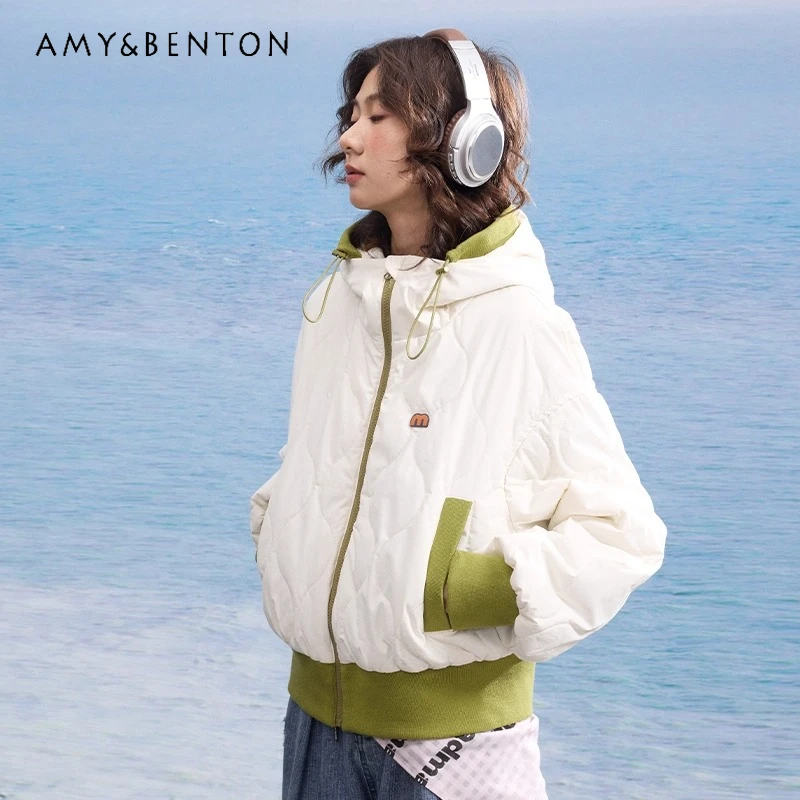 

Осень-зима, женская теплая удобная хлопковая куртка в форме тыквы в японском стиле белого и зеленого цвета с цветными блоками, повседневная хлопковая куртка с капюшоном