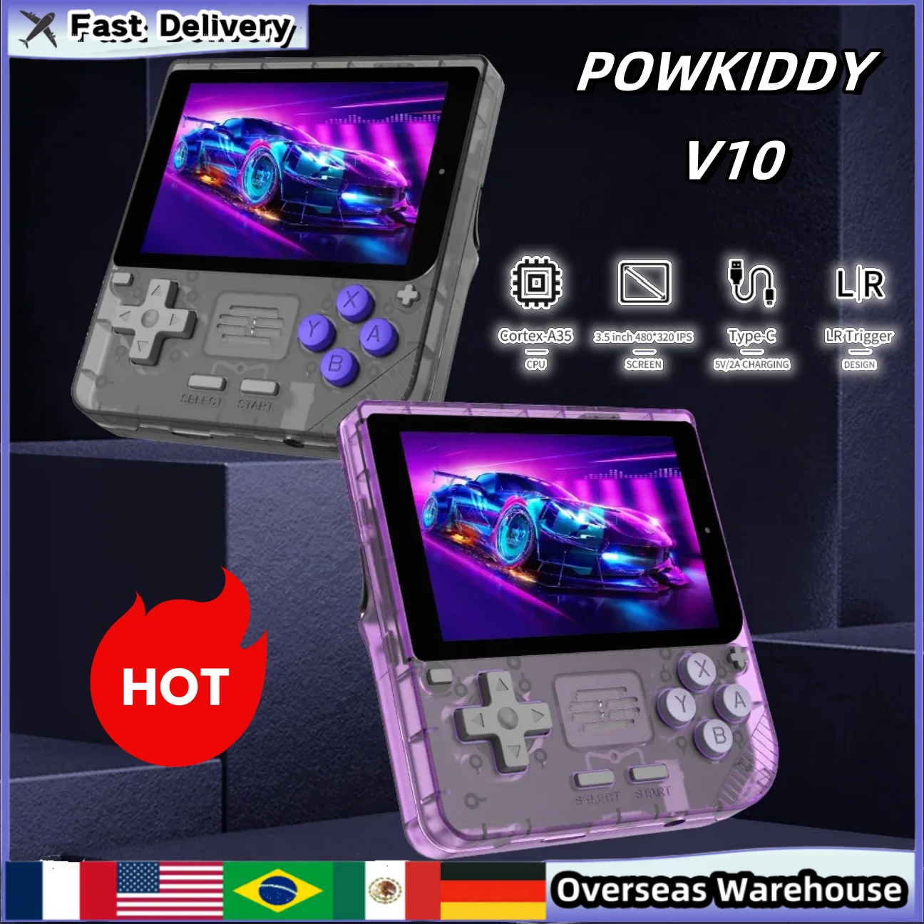POWKIDDY V10 Handheld Game Console New 3.5 Inch 480*320 IPS OCA Full Screen Retro Opendinglinux Handheld Player Children's Gifts