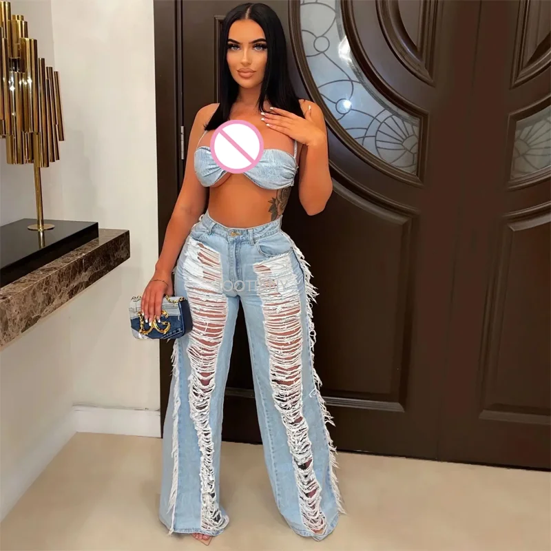 Denim Sexy Two Piece Sets Women Outfits Y2K Streetwear 2023 Ladies Summer Denim Jeans Ripped Pant Bikini Top 2 Piece Set Outfits