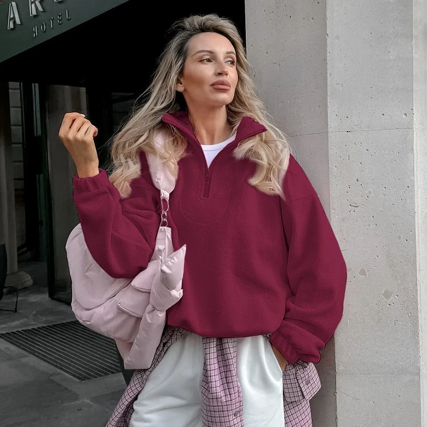 Loose Fit Pullover Hoodie Mid Long Length Commuter Style with Regular Sleeve Long Sleeve Notched Lapel Zipper Women Sweatshirt