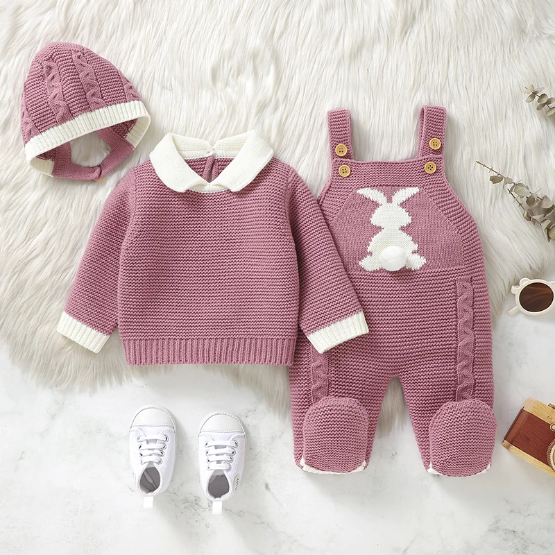 Baby Clothes Sets Winter Warm Knit 3pcs Infant Girls Sweaters Pullovers+Rompers+Hats Outfits Sets Autumn Toddler Boys Suits 0-9m