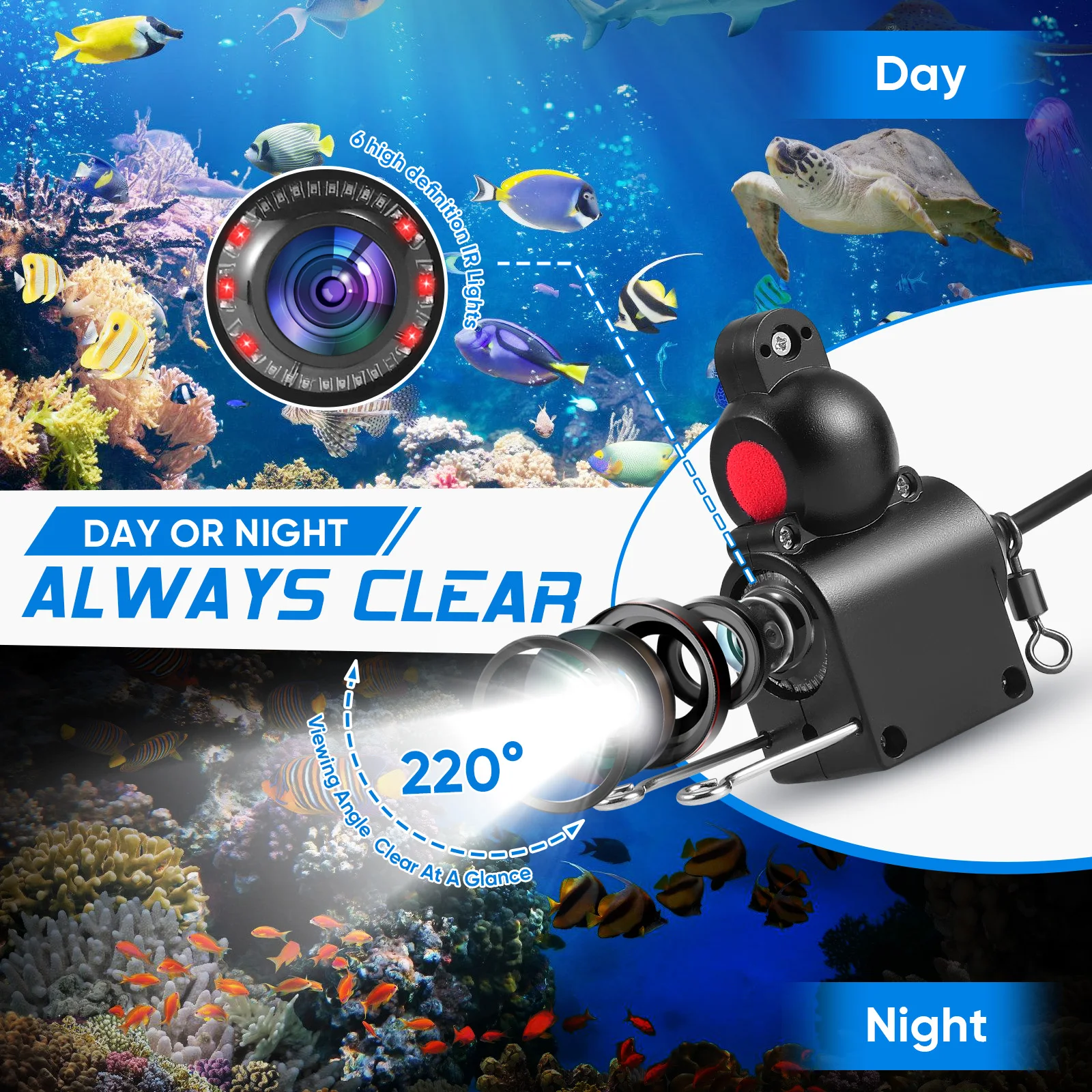 Underwater Fishing Camera 15M 4.3 Inch 1080P Wide Angle Infrared Night Vision Host IP65 Waterproof River and Boat Ice Fishing