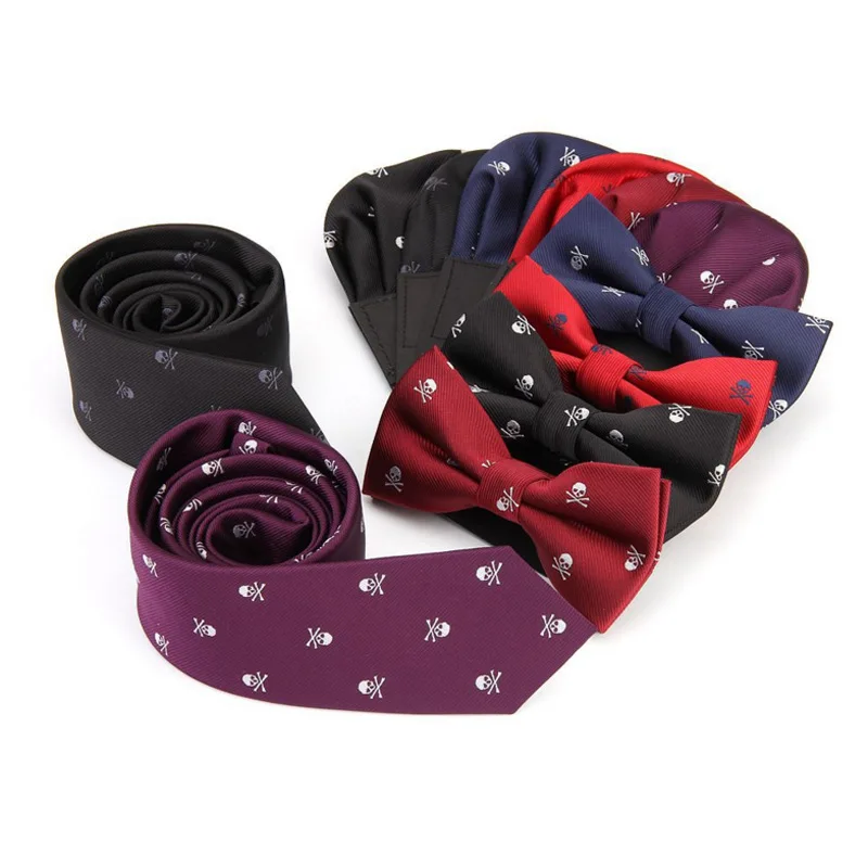 

New Man's Narrow Edition Halloween Skull 6cm Tie 12*6cm Bowtie 8*18cm Pocket Square Insert 3pc Set Holiday Gifts