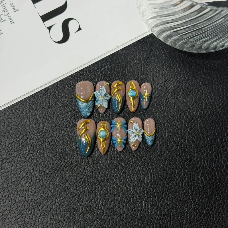 

10 шт., позолоченная золотая зеркальная пудра для ногтей ручной работы, 3D резной миндаль, пресс для ногтей, ледяной французский маникюр, роскошные накладные ногти nkeál Premi gratis