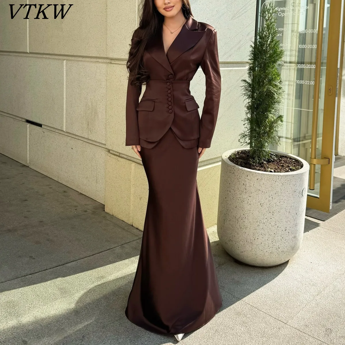 

VTKW Women Satin Three Piece Set Blazer Corset Mermaid Skirt Pink Brown Elegant Formal Evening Party Fashion Outfit