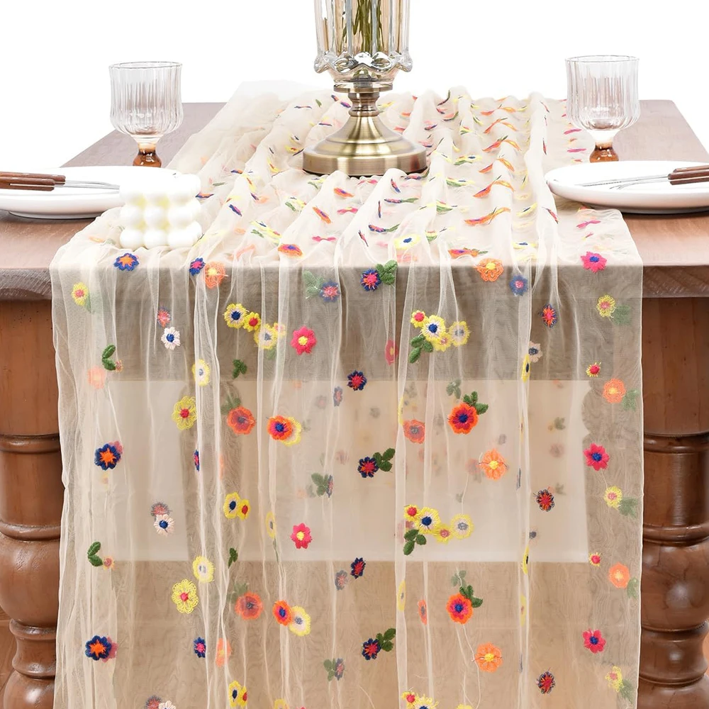 Champagne Embroidery Daisy Spring Summer Table Runner Florals Seasonal Easter Tulle Table Runner Holiday Kitchen Dining Table
