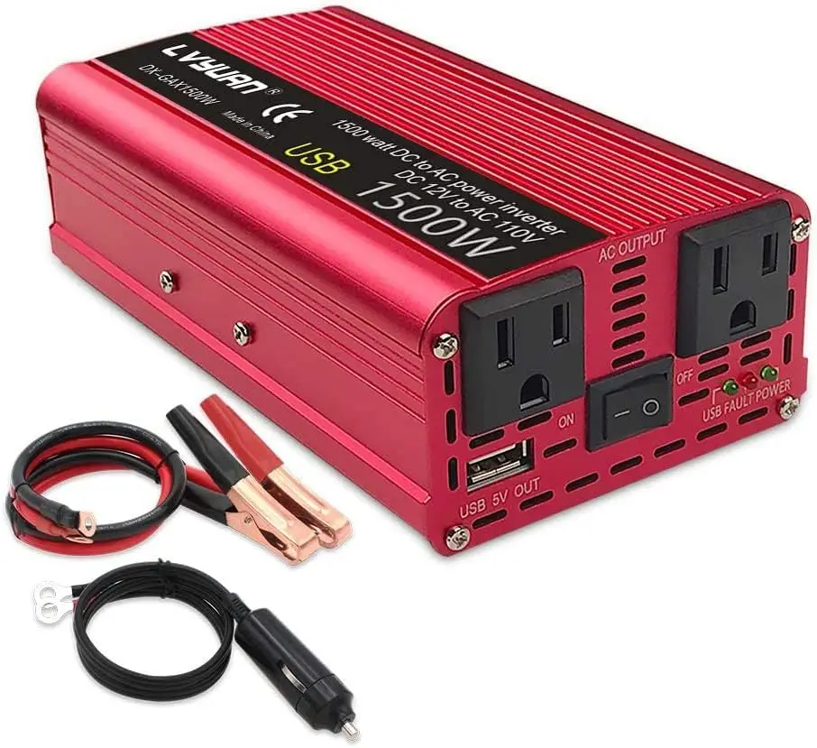 Power Inverter 700W/1500W (Peak) Dual AC Outlets and USB Charging Port DC 12V to 110V AC Car Converter Inverter for Home