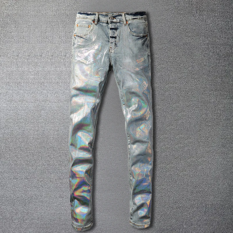 American Silver Lacquer Stretch Men Pants Jean Streetwear Fall High Street Skinny Trouser Slim Fit Men Jeans Personality Jean