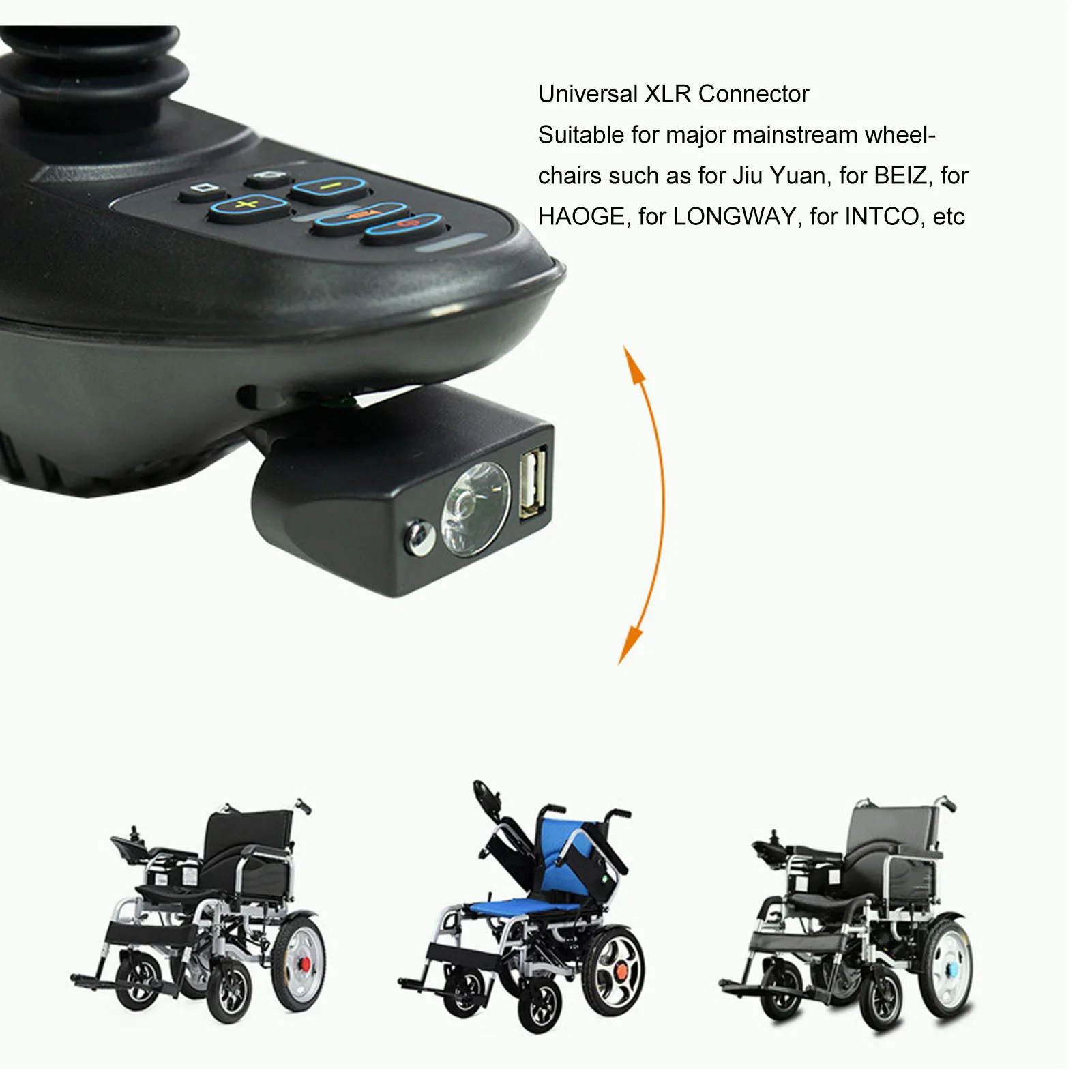 Electric Wheelchair Light 3 Pin XLR Head USB Charging Adjustable Angle LED Power Wheelchair Lighting Controller